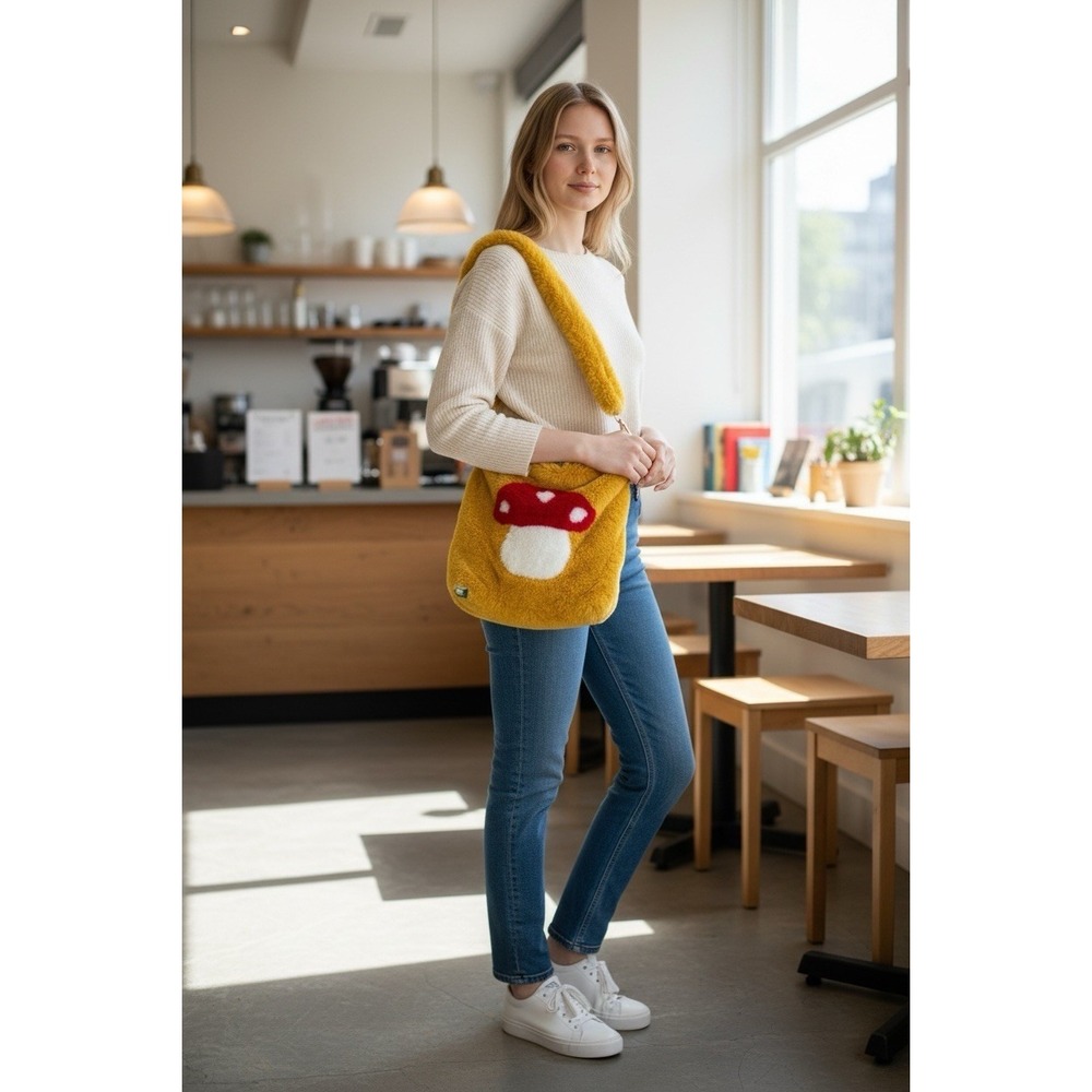 NWT Dolls Kill Mushroom Faux Fur Tote Bag Yellow Plush Shoulder Purse - Picture 2 of 6